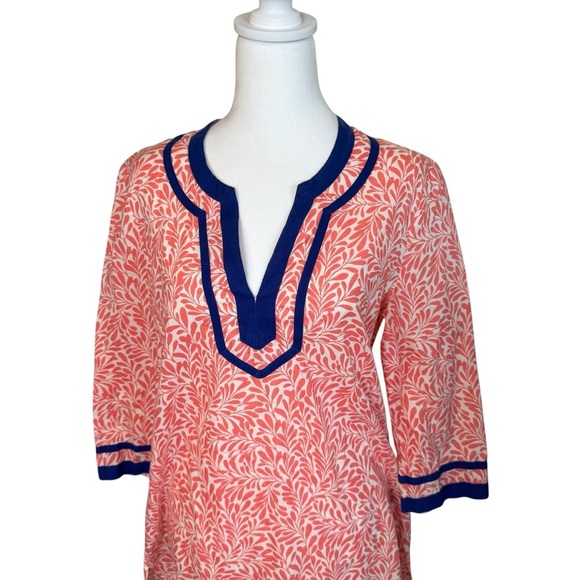 J. Crew Coral Navy Floral Crepe 100%‎ Cotton V-neck 3/4 Sleeve Tunic Medium EUC - Picture 2 of 10